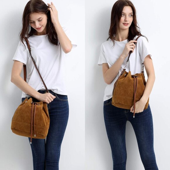 Leather Bucket Bags and Drawstring Crossbody Purse for Women Medium Tote and Hob - Picture 2 of 7